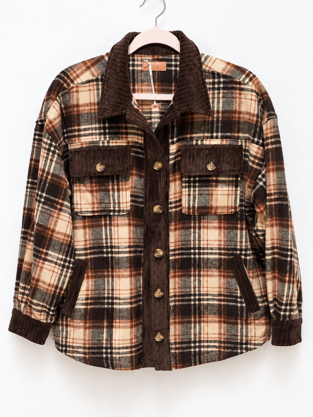 Umgee Plaid Oversized Small Shacket Jacket Brown Cream NWT